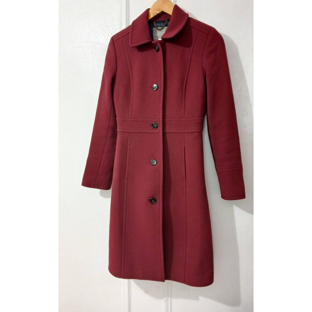 J crew women size 0 DOUBLE CLOTH ITALIAN WOOL maroon burgundy long coat - Picture 2 of 7